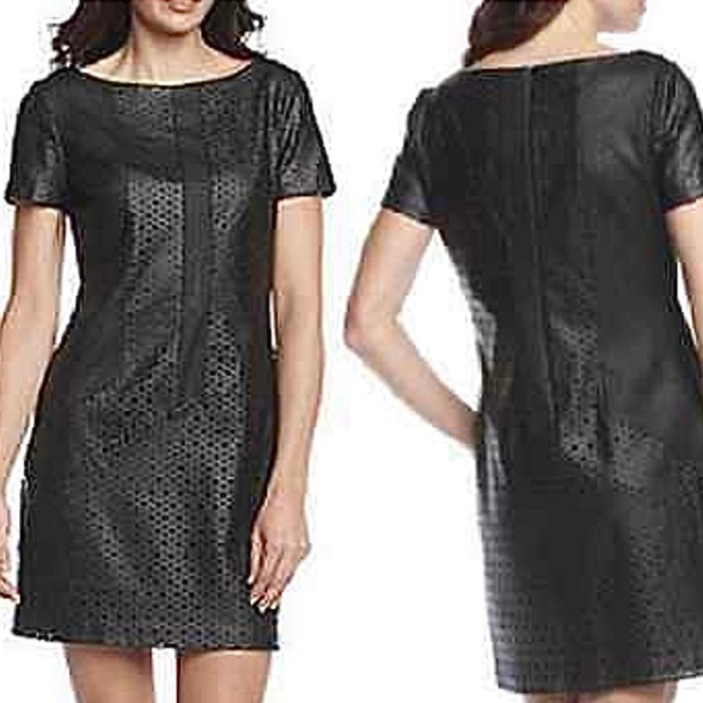 (Sizes 8,10) Perforated Black Faux Leather Dress